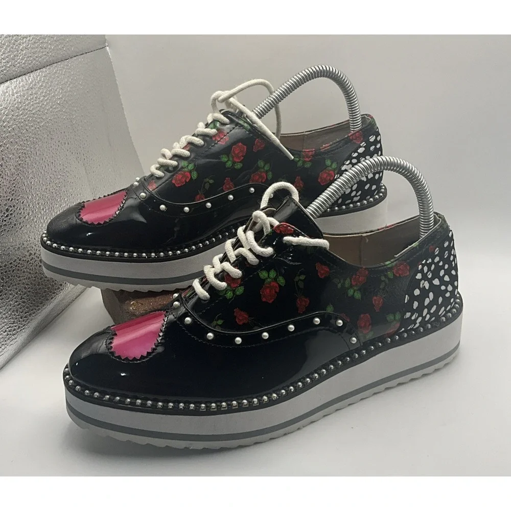Betsey Johnson Marti Platform Oxford Shoes 7.5 Patent Leather Punk Pearls Hearts